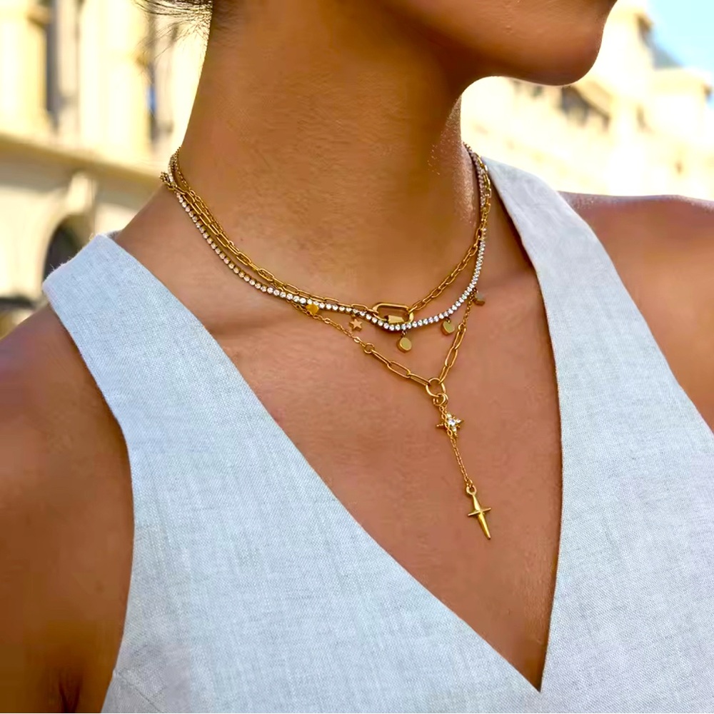 Gold and Silver Layered Necklace with Cross Pendant